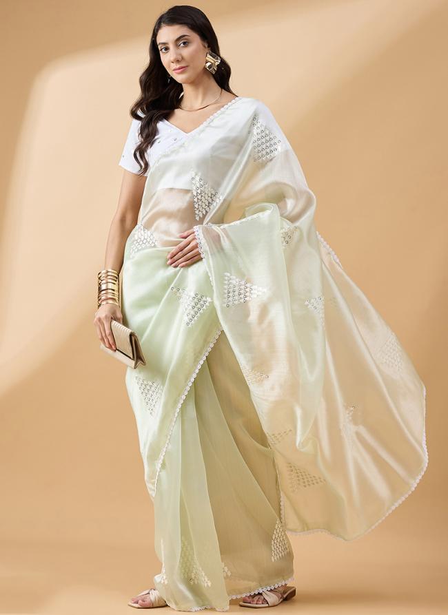 Tissue Slub Green Party Wear Sequence Work Saree